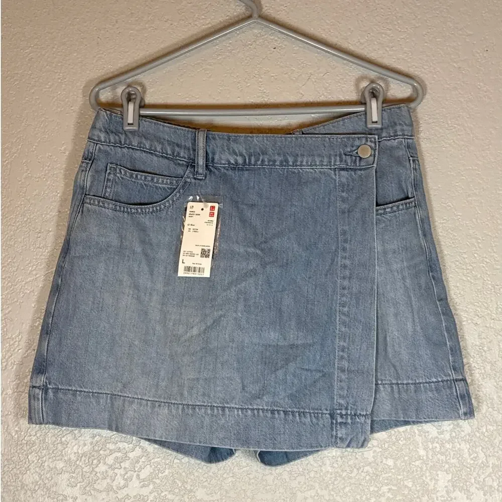 Uniqlo Drapey Denim Skort Wrap Skirt Light Blue Jean Cotton Mini Womens Large